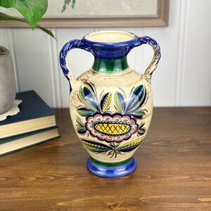 Vintage Jasba West German Vase Folk Art Pottery with Braided Handles 1960s